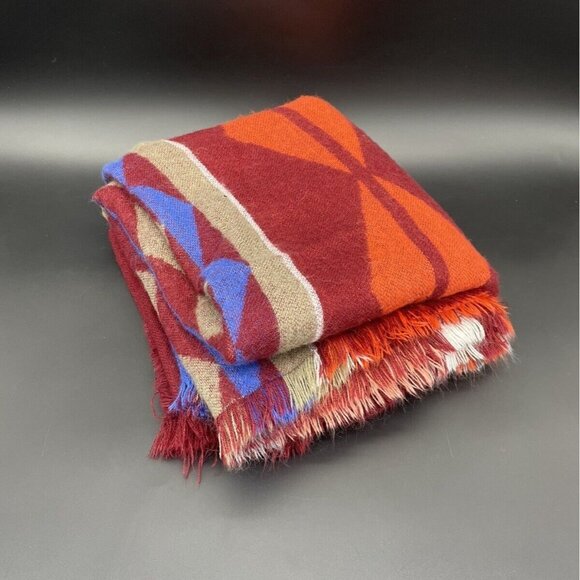 Southwest Aztec Wrap Scarf Throw Blanket Fringe Western Maroon Blue Stripe 77x40 - Picture 3 of 6